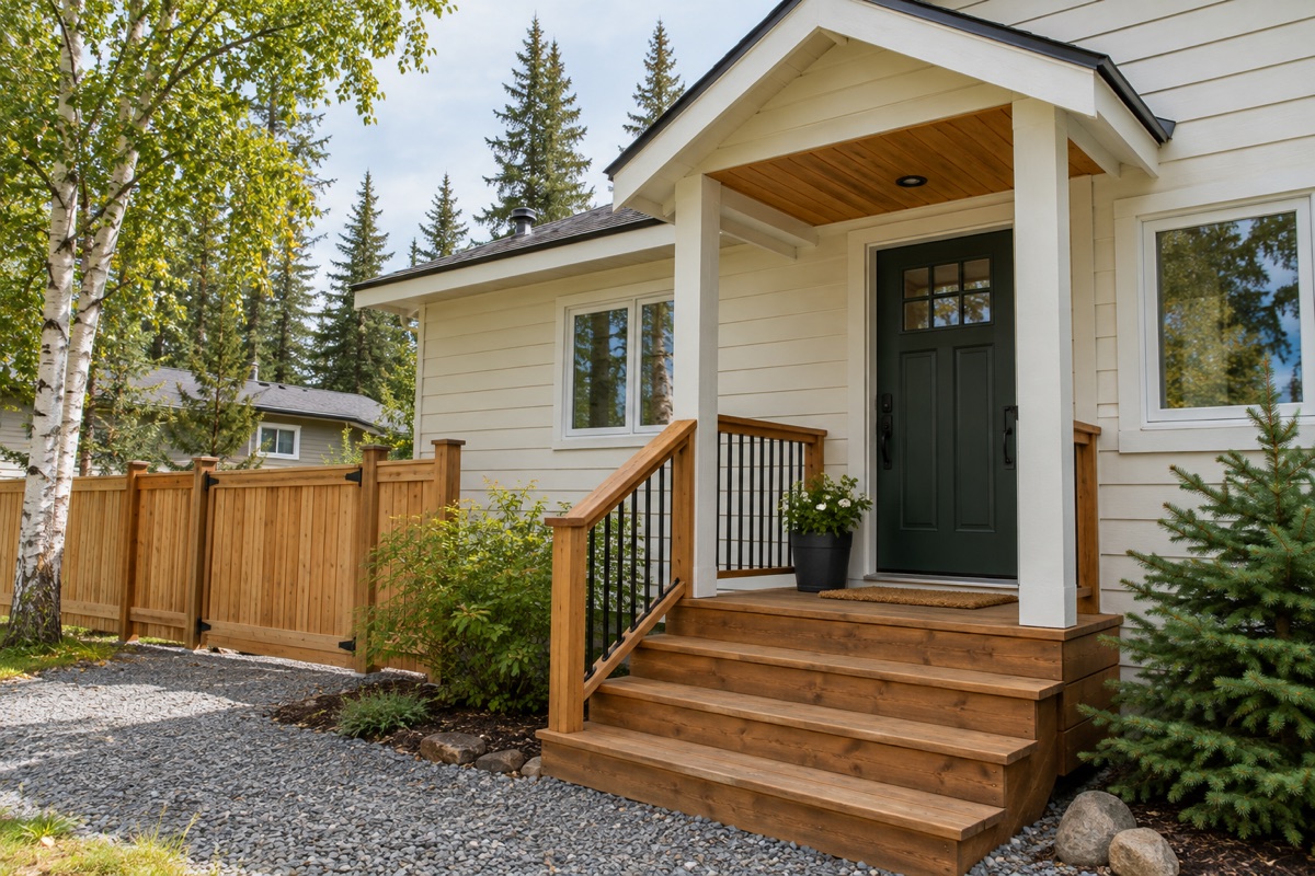 Illustration of a tidy entrance with timber steps, a fence and pale exterior trim