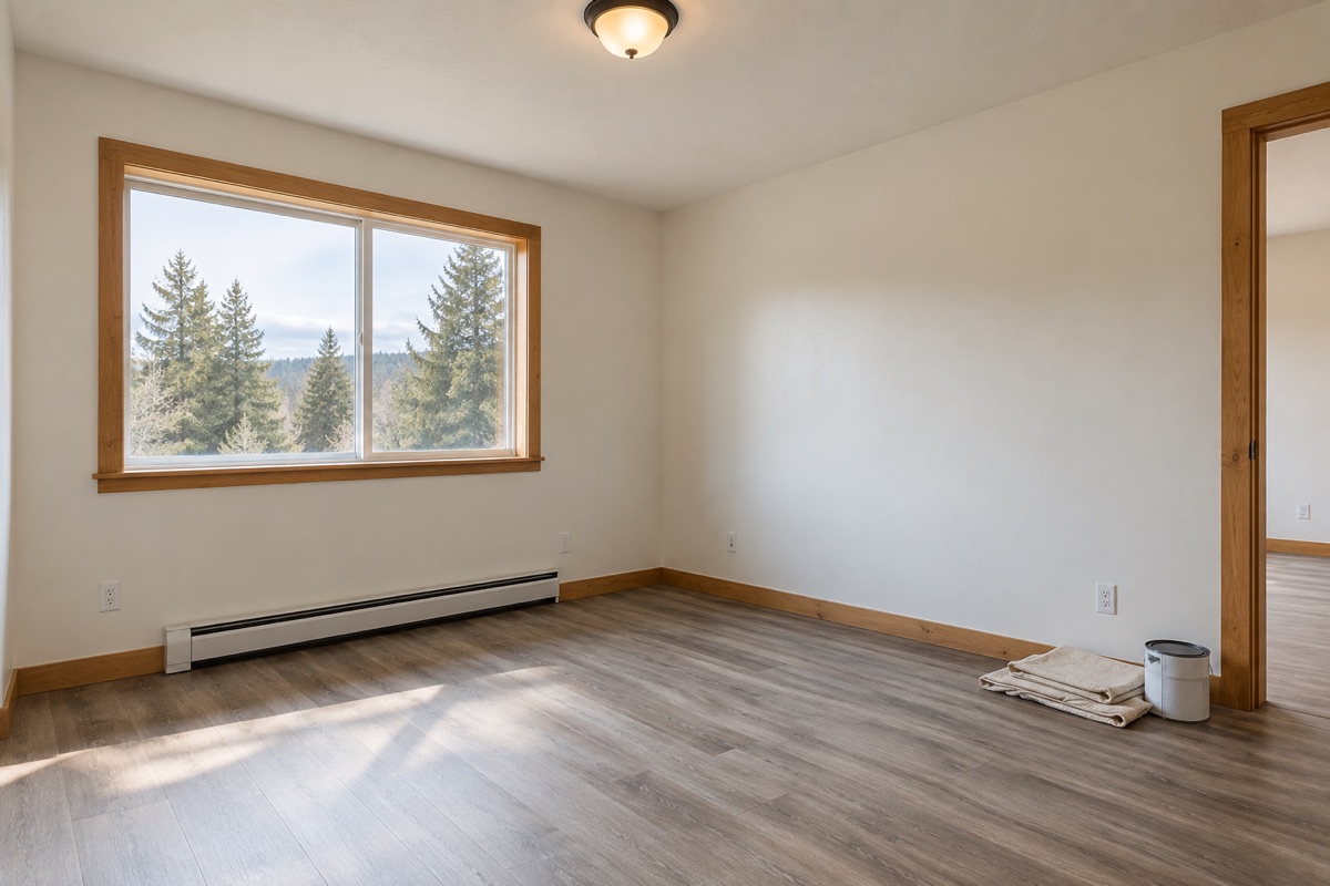 Illustration of an empty room with fresh pale walls and wood-look flooring
