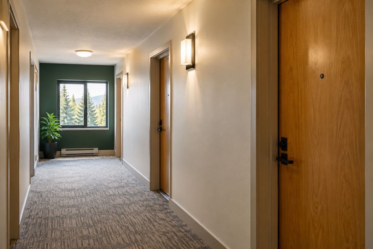 Illustration of a shared hallway with pale walls, timber doors and a green end wall