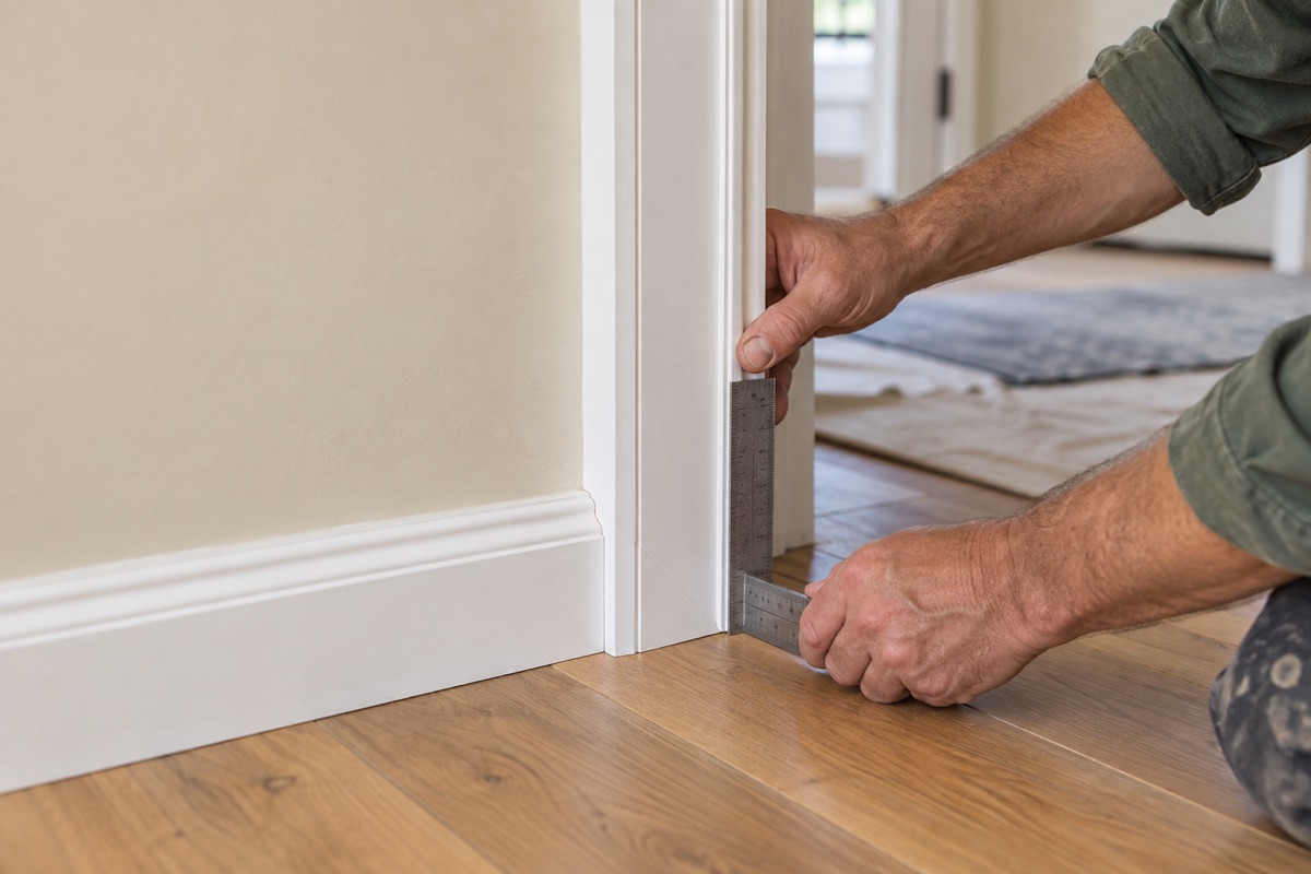 Illustration of hands checking the alignment of white door trim